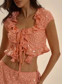 MUSERA Quadratischer Top mit Rüschenkragen, Bindeband vorn, Rüschensaum, Puffärmel, bestickt, für Frühling Sommer elegant, Urlaub, Club, Anlässe, süß, sexy, Ibiza-Style, passend für Feiertage