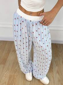 SHEIN EZwear Pantalon long à taille coulissante avec imprimé fraise et motif à carreaux blocs de couleurs - Bleu azur - Voir 4