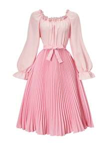 SHEIN Teen Girls' Colorblock Ruffle Trim Square Neck Long Sleeve Pleated Hem Elegant Dress