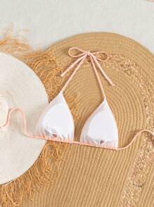 SHEIN Swim 女士海滩挂脖系带贝壳印花比基尼上衣，夏季度假 - 粉色 - 查看 2