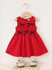 Cozy Pixies Young Girl Color Blocked Bow Decor Round Neck Waist Fitted Sleeveless Dress - Red - View 7