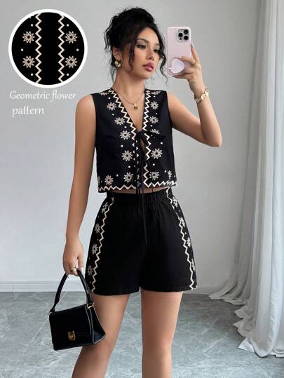 Elenzga 2 件套女士休闲背心和短裤套装，简约风格，适合夏季
