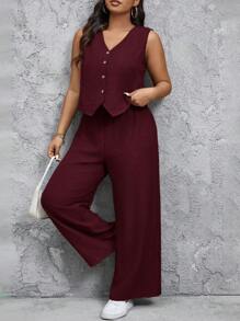 SHEIN Tall CURVE Women Plus Size Solid Color Single-Breasted Vest And Pants Casual Two Pieces Set - Burgundy - View 4
