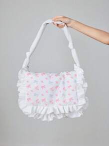 ROMWE Kawaii 1 pieza Bolso de mano con decoración de lazo y volantes en color rosa, de gran capacidad, adecuado para el día de San Valentín y citas
