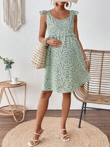 SHEIN Maternity Ditsy Floral Cap Sleeve Dress, Suitable For Vacation - Green - View 4