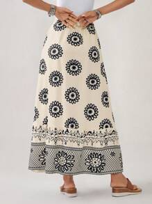 Florisole Women's Vintage Totem Pattern Printed Elastic Waist A-Line Skirt, Summer Fall Cloth For Women - Apricot - View 2