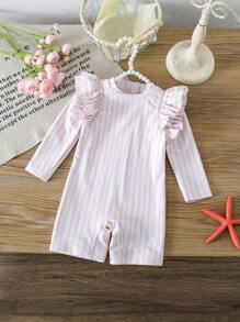 Baby Girl Zip-Up Striped Print Rash Guard One-Piece Swimsuit - Multicolor - View 3