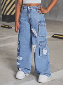 SHEIN Tween Girl Y2K Ripped Flap Pocket Side Cargo Straight Leg Jeans, Girls Fall Back To School Streetwear - Light Wash - View 6