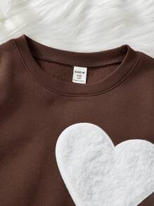 SHEIN Tween Girl Embroidered Heart Applique Thermal Lined Loose Casual Sweatshirt, Autumn/Winter - Brown - View 5