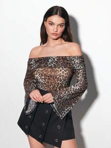 Maija Plus Size Women's 2025 New Leopard Print Off The Shoulder Top,Brown Autumn Night Out Club Rave Top,Old Money Style Business Casual Concert - Multicolor - View 4