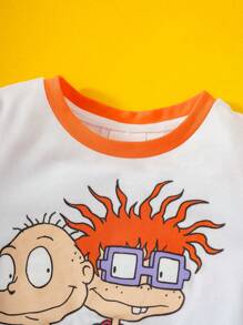 Nick 90s | SHEIN Conjunto de Camiseta de Manga Curta com Estampa Gráfica de Amigo Cartoon Menino Bebê e Shorts Laranja - Multicolorido - Visão 5