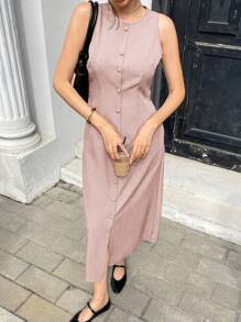 Pariaura 优雅法式单排扣纯色无袖系带女式连衣裙 - 淺粉色 - 查看 1