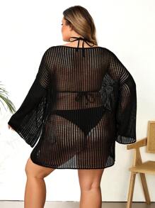 SHEIN CURVE+ Plus Size Women's Summer Beach Hollow Transparent Top (Bikini Set Not Included) Boho Vacation - Black - View 2