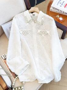SHEIN Clasi Camisa casual de commuter con cuello de camisa, bolsillo falso y diseño adornado, talla estándar para mujer - Blanco - Ver 1