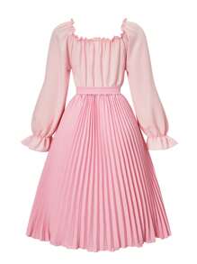 SHEIN Teen Girls' Colorblock Ruffle Trim Square Neck Long Sleeve Pleated Hem Elegant Dress