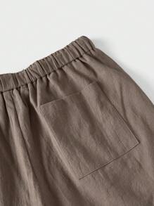 SHEIN Forever 21 男士修身亚麻绉布基本款短裤，适合夏季休闲度假/纹理面料/夏季度假风格/海滩度假/亚麻短裤 - 駝色 - 查看 3