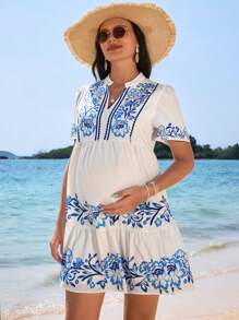 SHEIN Maternity Casual Floral Print V-Neck Short Puff Sleeve Dress