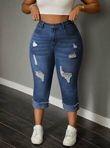 SHEIN Plus Size Frayed Hem Versatile 7/8 Length Straight Leg Jeans    Women Autumn Outfits Women Jeans High Waisted