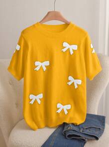 CosyJoli Plus Size Elegant Bowknot Jacquard Round Neck Pullover Sweater - Yellow - View 1