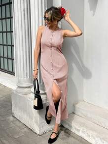 Pariaura 优雅法式单排扣纯色无袖系带女式连衣裙 - 淺粉色 - 查看 5