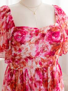 Soleia Plus Size Women's Spring/Valentine's Day Pink Floral Print Square Neck Ruched Chest Ruffled Sleeve Chiffon Maxi Dress,Beach Dress Sundress,Holiday Outfits Boho - Multicolor - View 5