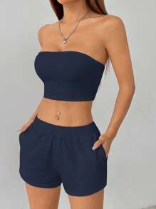 SHEIN PETITE Women's Solid Color Casual Two Pieces Set, Summer Sets - Navy Blue - View 4