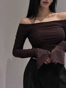 DAZY Women's Solid Color Oblique Open Shoulder Wrap Short Sleeve T-Shirt, Spring/Summer/Autumn,Off Shoulder Top Long Sleeve Women Tops,Fall Women Clothes Crop Women Tops