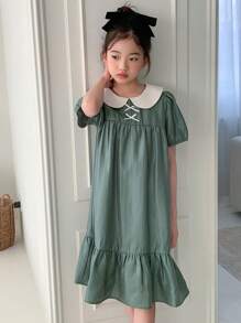 DAZY Váy ngắn tay dệt họa tiết búp bê khối màu cho bé gái tuổi mới lớn, mùa hè, quần áo trở lại trường - Màu xanh lá cây đậm - Xem 2