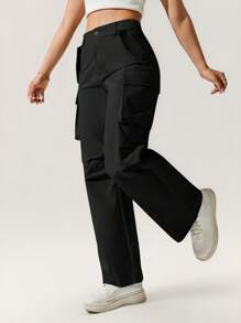 SHEIN Tall Casual Solid Flap Pocket Side Cargo Pants Y2k - Black - View 8