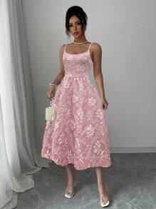 Elenzga Bohemian Texture Floral Print Camisole A-Line Peach Dress, Suitable For Spring & Summer Vacation - Pink - View 3