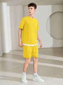 SHEIN 2pcs/Set Teen Boys' Casual Loose Comfortable Graphic Decorated Short Sleeve Top And Shorts Set, Suitable For Spring/Summer - Yellow - View 7