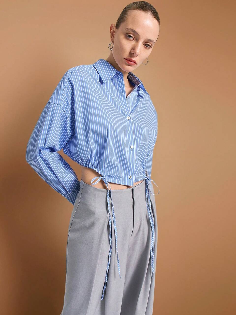 Women Striped Drop Shoulder Long Sleeve Single-Breasted Cropped Shirt, Minimalist Stylish Design, Suitable For Urban Commuting