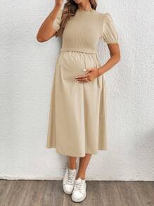 SHEIN Puff Sleeve Fitted Maternity Dress, Elegant Dress - Apricot - View 5