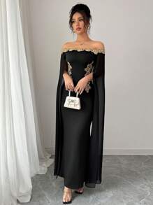 Rafferiza 性感、优雅、百搭日常金色花卉装饰露肩透视披肩、合身腰部金色贴花长款美人鱼下摆紧身连衣裙，适合女士，春夏季 - 黑色 - 查看 6