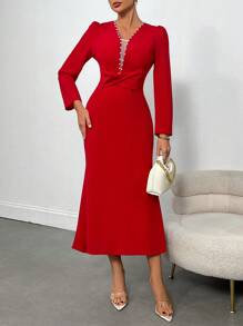 SHEIN PETITE Women Elegant Fishtail Hem Long Sleeve Dress With Faux Pearl Decor & Mesh Inset - Burgundy - View 1