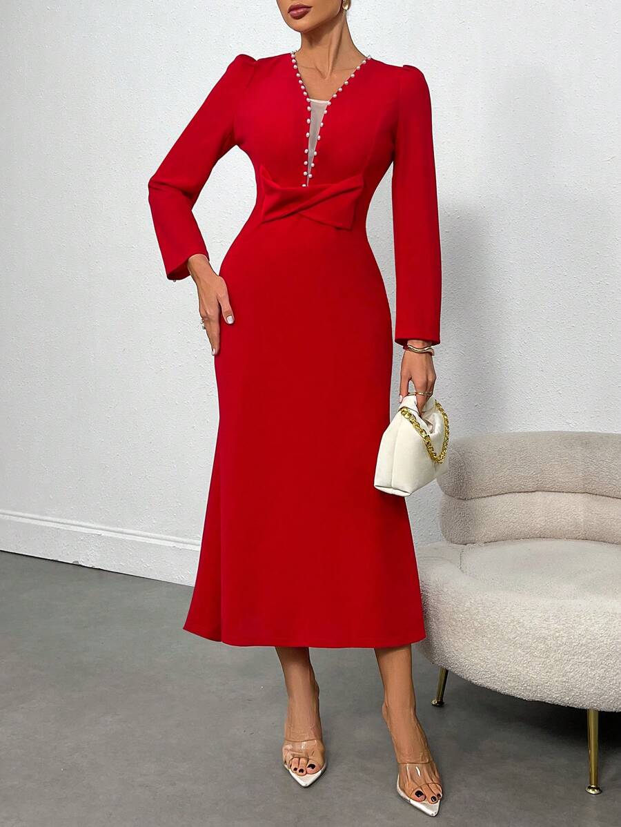 SHEIN PETITE Women Elegant Fishtail Hem Long Sleeve Dress With Faux Pearl Decor & Mesh Inset - Burgundy - View 1