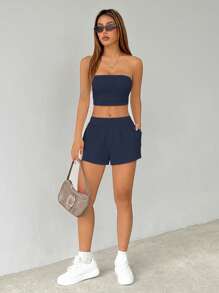 SHEIN PETITE Women's Solid Color Casual Two Pieces Set, Summer Sets - Navy Blue - View 6
