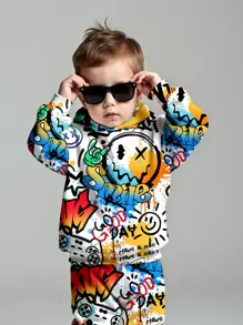 SHEIN 男婴休闲卡通抽象图案宽松针织柔软连帽运动服，适合秋冬季