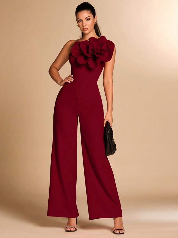 SHEIN BAE Red Asymmetrical Neck Fitted Elegant 3D Floral Decorated Long Jumpsuit, Suitable For Cocktail Party, Romantic Date, Autumn/Winter Leggings, Party, Formal Gathering, Halloween, Christmas