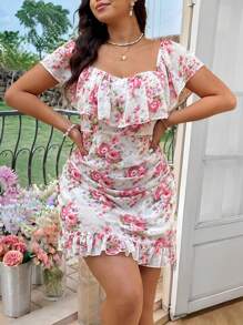 DreamSkyne Vestido corto ajustado de verano para mujer de tallas grandes, romántico y elegante, con estampado de gasa de hombros descubiertos y volantes en el bajo - Multicolor - Ver 3