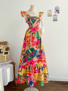 Soleia Women's Tropical Plant Print Ruffled Sleeve Dress Beach Vacation Outfits Spring Summer Outfits For Women West Music Festival Bohemia Holiday Boho