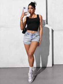 SHEIN EZwear Shorts Denim Lavados e Desgastados Casuais para Mulheres - Lavagem clara - Visão 2