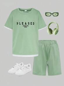 SHEIN Tween Boy Colorblock Letter Print Crew Neck Short Sleeve T-Shirt And Loose Shorts Set