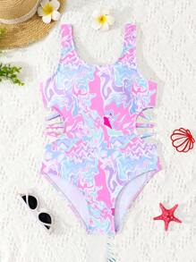 Tween Girls' Marble Print Cutout One-Piece Swimsuit - Baby Pink - View 2