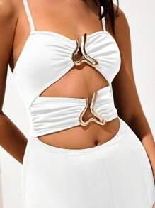 Opulessa 女士纯色金属装饰镂空性感细肩带连衣裙 - 白色 - 查看 5