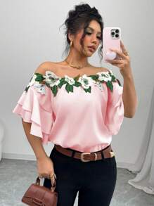 Calvaya Blusa casual sexy da donna con spalle scoperte e decorazione floreale 3D