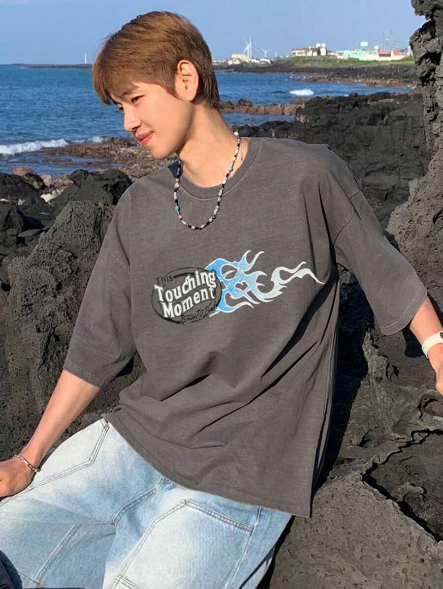 DAZY Men's Grey Letter Print T-Shirt, Summer,Graphic Tees