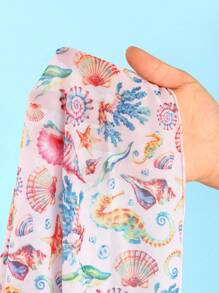 Swim Mod 3-Piece Random Watercolor Stripe Textured Fabric Shell Charm Triangle Top, Side Tie Bottoms And Mesh Sarong, Summer Vacation Bikini Set