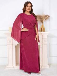 SHEIN Clasi Plus Size Women Solid Color Round Neck Split Sleeve Waist Twist Elegant Dress - Red Violet - View 3