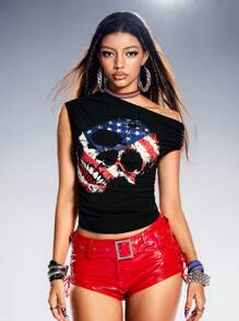 ROMWE Avant Camiseta sexy asimétrica con estampado de calavera para el Día de la Independencia, festival de música retro Y2K para mujeres
